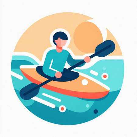 Man kayaking on the sea. Flat style vector illustration on white background.