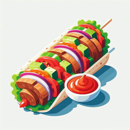 Illustration of a kebab with vegetables on a skewer.の写真素材