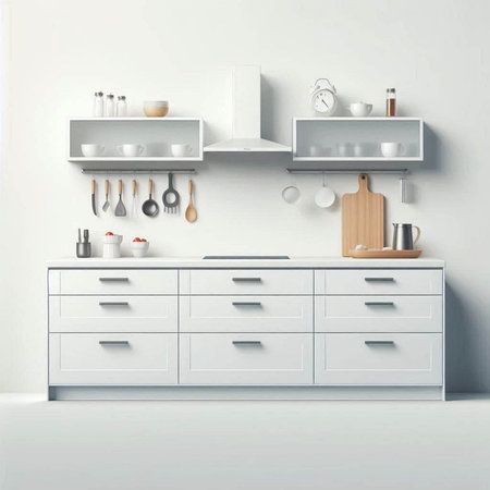 Kitchen interior with white cupboard and kitchenware. 3d renderの写真素材