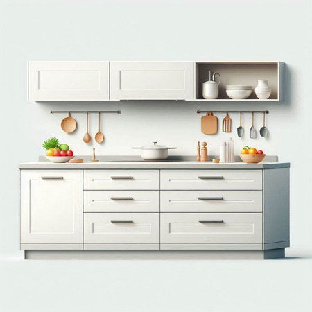 Kitchen interior with white cupboards and wooden shelves. 3d renderの写真素材