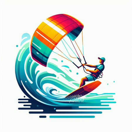 Kitesurfing vector illustration, windsurfing in the ocean