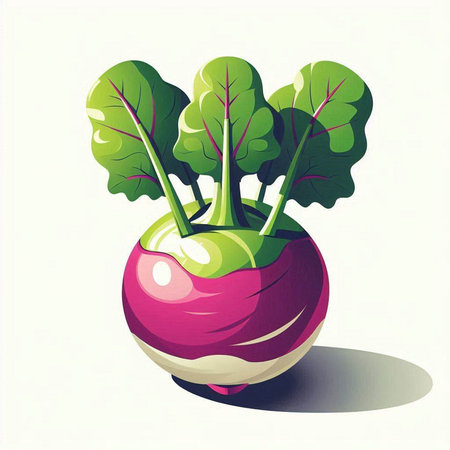 Illustration of a red radish with green leaves on a white background