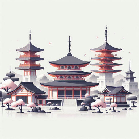 Japanese temple with cherry blossom in the background. Vector illustration.