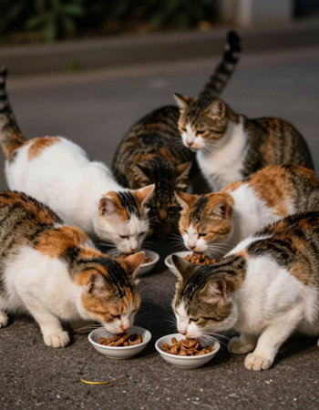 group of cats eating food in the street, selective focus on catの写真素材