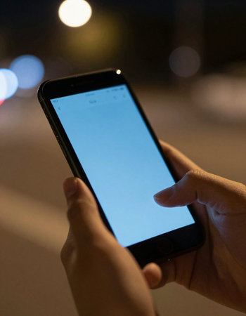 Woman using mobile smart phone in the city at night, close upの写真素材