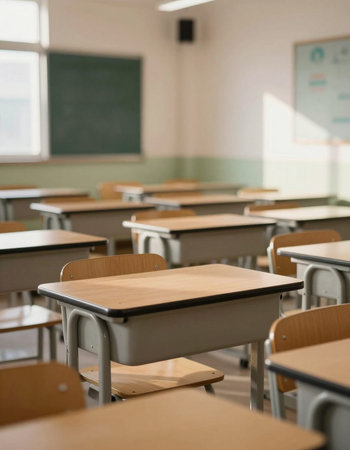 Classroom with empty chairs and desks in a school classroom. Selective focus.
