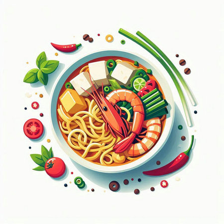 Noodle soup with shrimps and vegetables, vector illustration.の写真素材