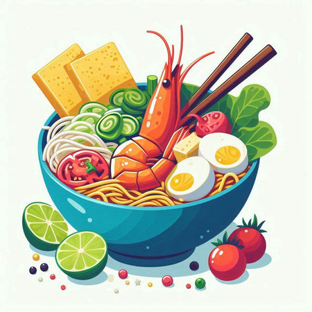 Noodles with shrimps and vegetables in bowl. Vector illustration.の写真素材