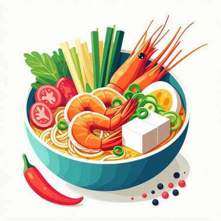 Noodle soup with shrimps and vegetables in bowl. Vector illustration.の写真素材