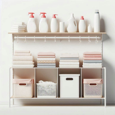 White shelving unit with towels, toiletries and bottles.