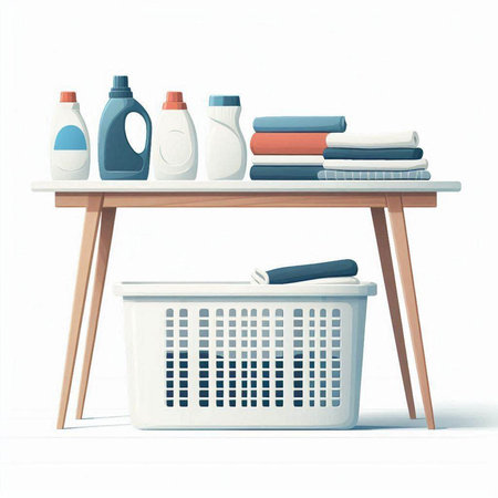 laundry basket with detergents isolated on a white background