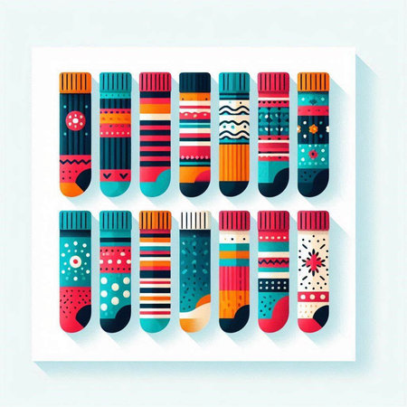 Set of colorful socks with different patterns and textures. Vector illustration.