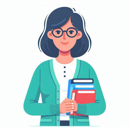 Young woman in glasses holding a book. Vector illustration in a flat style