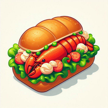 Illustration of a lobster sandwich on a plate with lettuce and tomatoesの写真素材