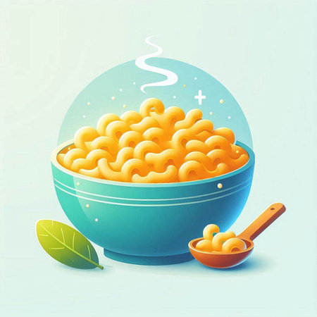 Illustration of a bowl of macaroni with a spoon.