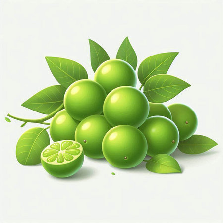 Lime fruit with green leaves on white background. Vector illustration.