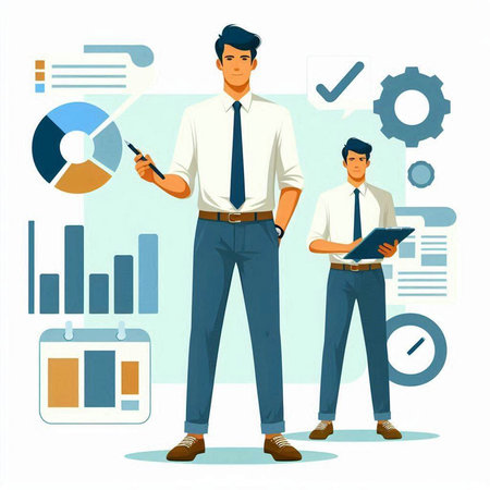 Businessman with documents and charts. Vector illustration in flat style.の写真素材