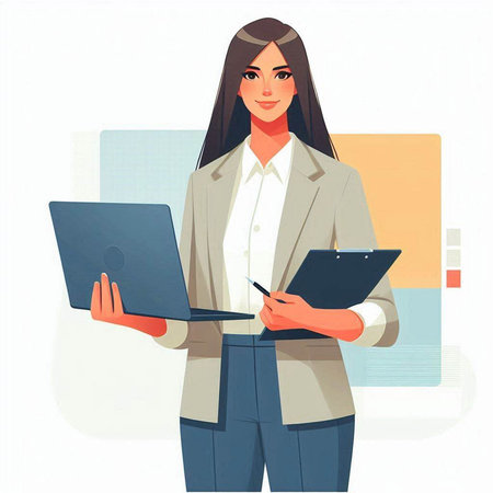 Business woman with laptop and documents in hand. Vector illustration in cartoon style.