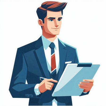 Businessman holding clipboard and pen. Vector illustration in cartoon style.の写真素材