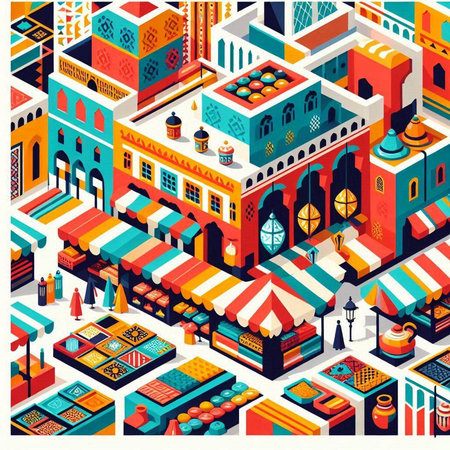 Colorful isometric city background with shops and buildings, vector illustrationの写真素材