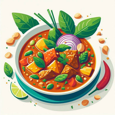 Vegetable curry in bowl. Vector illustration of Thai cuisine.