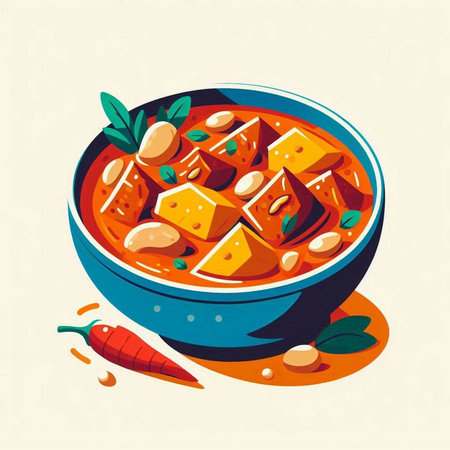 Vector illustration of a bowl of soup with tofu, chickpeas, and carrotsの写真素材