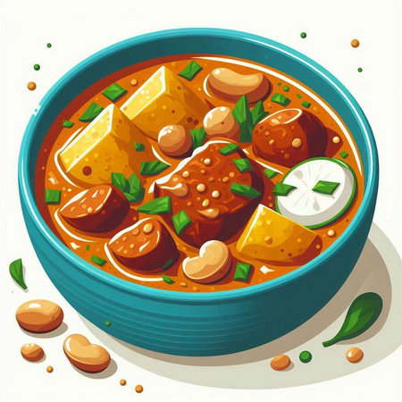 Illustration of a bowl of curry with tofu and bean sproutsの写真素材