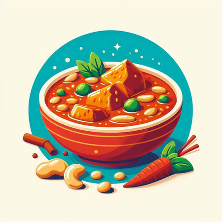 Vector illustration of a bowl of vegetable soup with carrots and beans.の写真素材