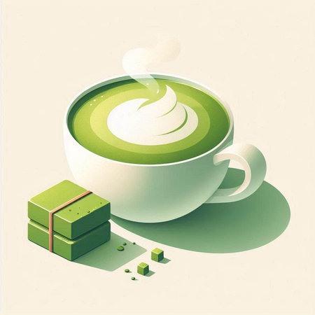 Cup of matcha latte or matcha green tea with a pile of green gift boxes. Vector illustration.