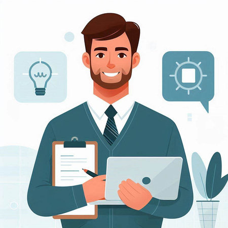 Businessman with laptop and clipboard. Vector illustration in cartoon style.の写真素材