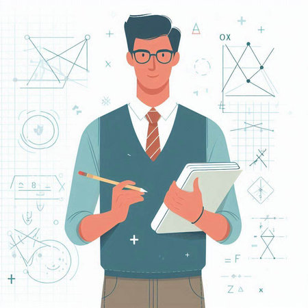 Vector illustration of young man in glasses with notebook and pen in hands
