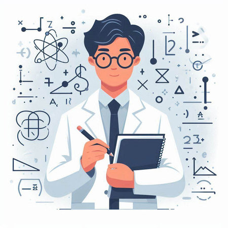 Scientist in white coat and glasses writes in notebook. Vector illustration.の写真素材