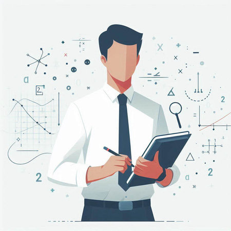 Vector illustration of a man in a business suit writing in a notebook.の写真素材