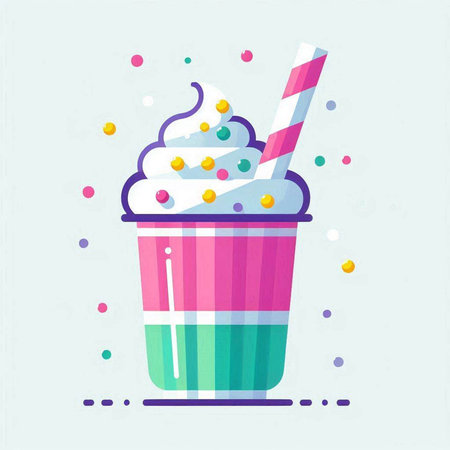 Colorful vector illustration of a milkshake with whipped cream and a straw