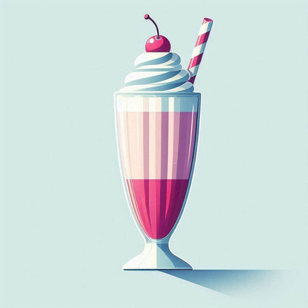Milkshake with whipped cream and cherry in a glass. Vector illustration.の写真素材