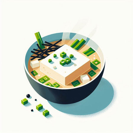 Illustration of tofu soup in a bowl. Isometric vector illustration.