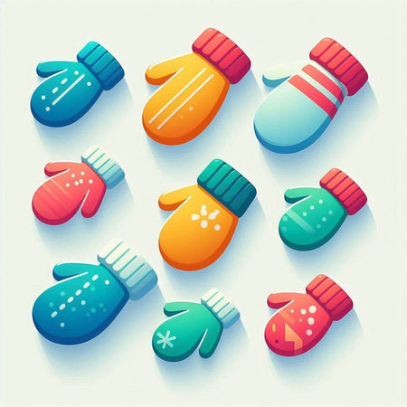Illustration of a set of colored mittens on a white backgroundの写真素材