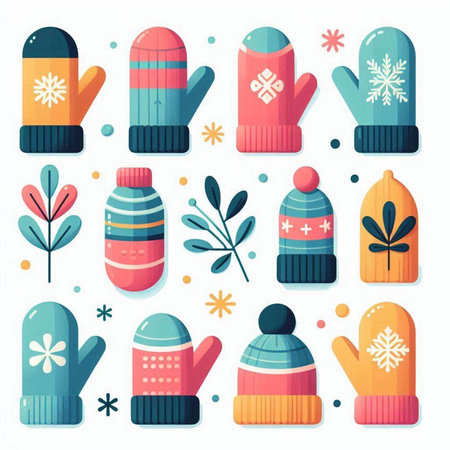 Winter mittens, knitted hats, mittens, mittens. Vector illustrationの写真素材