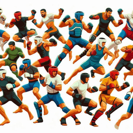 Seamless pattern with a group of young men in boxing gloves.