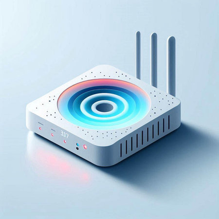 Wireless router on blue background. 3d rendering. Computer digital drawing.
