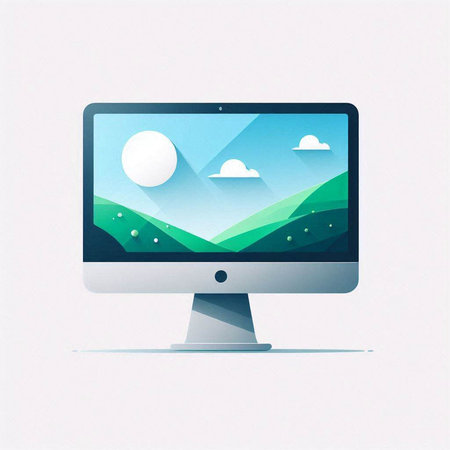 Computer monitor with sky, sun and clouds on screen. Vector illustration