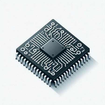 Circuit board isolated on white background. 3d rendering. Computer microchip.