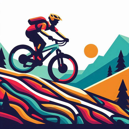 Mountain biker on the background of mountains. Vector illustration.