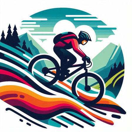 Bicyclist rides on the road through the mountains, vector illustration