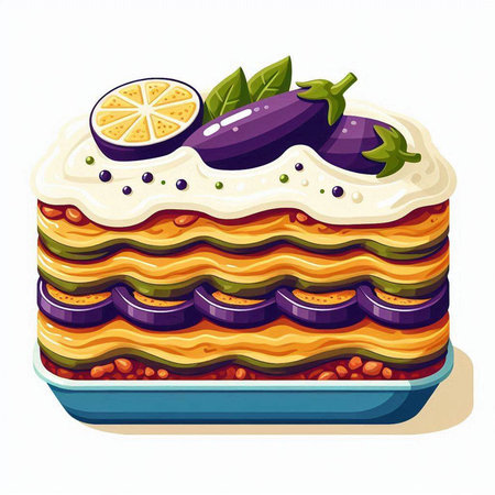 Vegetable lasagna with eggplant, tomato, zucchini and carrot. Vector illustration.
