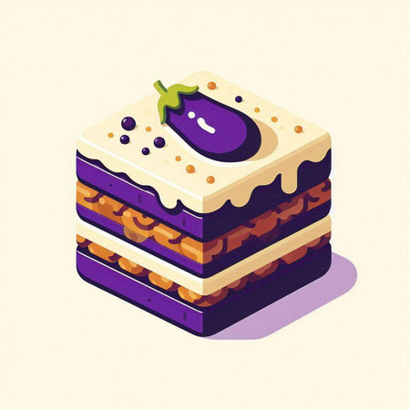 Vector illustration of a piece of cake with eggplant on top.の写真素材