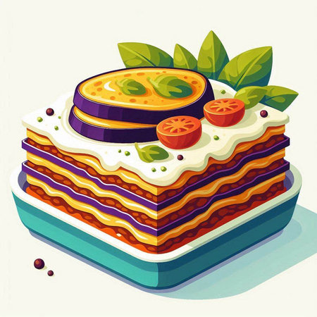 Illustration of a delicious lasagna with tomato, zucchini and basilの写真素材