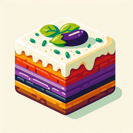 Isometric illustration of a multicolored cake with berries. Vector illustration.