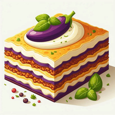 Illustration of a piece of lasagna with eggplant and cheeseの写真素材