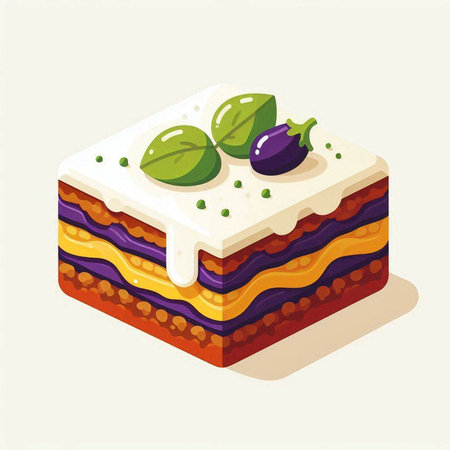 Piece of cake with eggplant and cheese. Isometric vector illustration.の写真素材